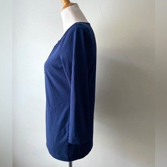 Talbots Embroidered 3/4 Sleeve Top Keyhole Tie Navy Cotton Blend size S - Picture 6 of 11